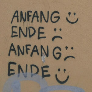 Four lines of text: Begin :) / End :( / Begin :( / End :)