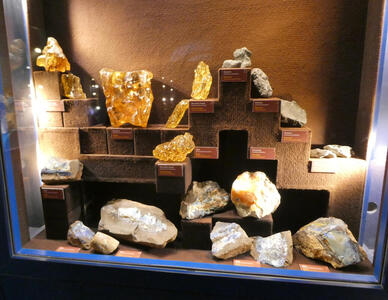 Display case with yellow minerals