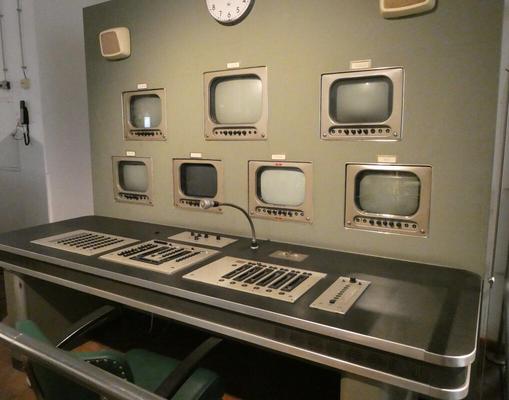 TV director’s console with a microphone and multiple small monitors