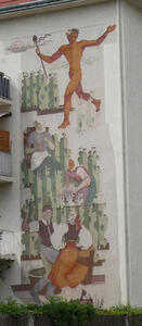 At top, roman god Mercury. Below, woman working in a field. At bottom, man and woman in tracht, dancing.