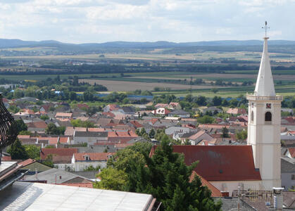 View from hill. At right, the church. In background, farm fields