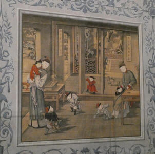 Painting of chinese woman holding child. A man is at the right, and children are playing in the center of the painting.