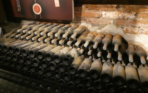 Rack of wine bottles that are thoroughly layered in dust