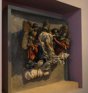 Wooden carved, painted crucificion scene