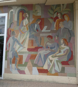 Art deco style wall painting of man at piano and woman singer standing next to him. They are surrounded by people listening.
