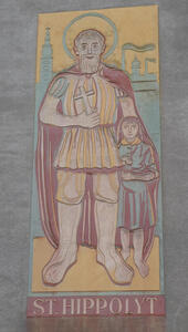 Painting of a smiling saint with a young person next to him. Below them, the text St. Hippolyt