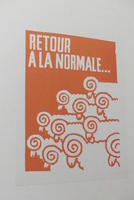 Red poster with line drawing of sheep; “Return to normalcy.”