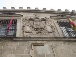 Caraved heraldic crest flanked by flags