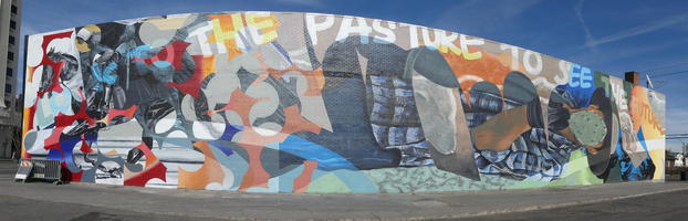 The text reads “The Pasture to see the Future” Long wall mural with words “The Pasture to see the Future”