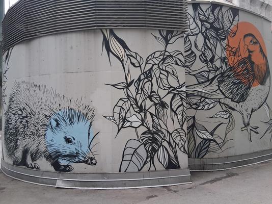 Hedgehog with blue face, bird with orange circle around head