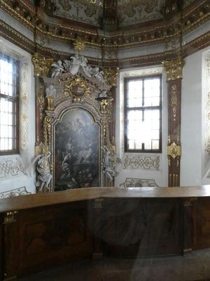 View from inner balcony. A very large painting is in the background.