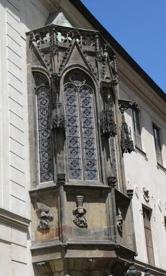 Stained glass panels on building exterior
