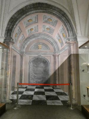 Trompe l’oeil painting of a hallway.