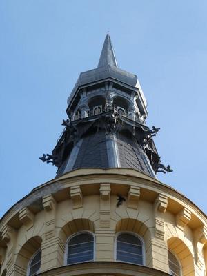 Steeple with gargoyles.