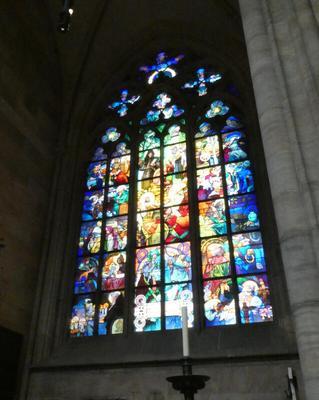 Stained glass window inside St. Vitus church