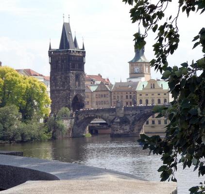 View of old stone bridge and tower at one end