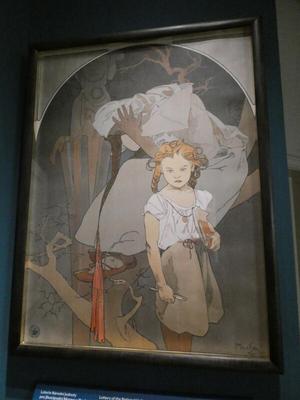 Painting of a small girl with pigtails. Behind her, a woman with her head in her hands.